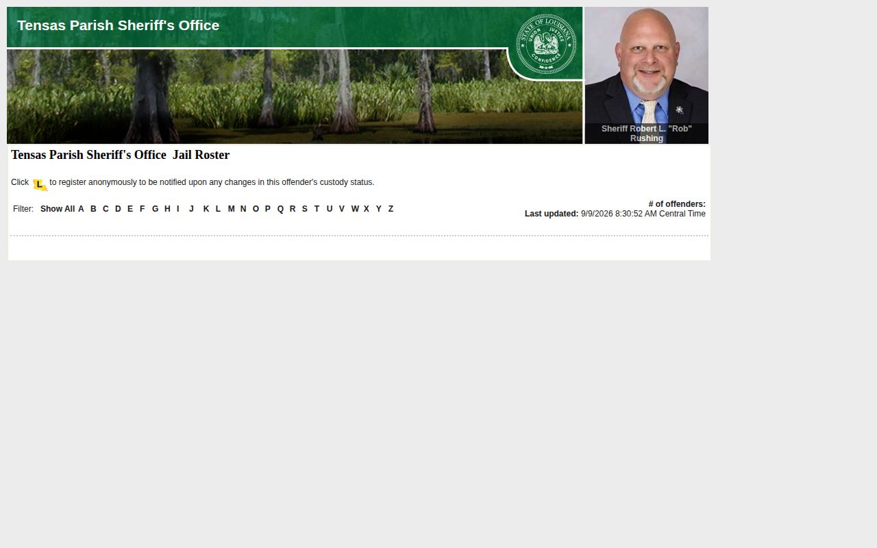 Tensas Parish Jail roster acknowledgment and name filters
