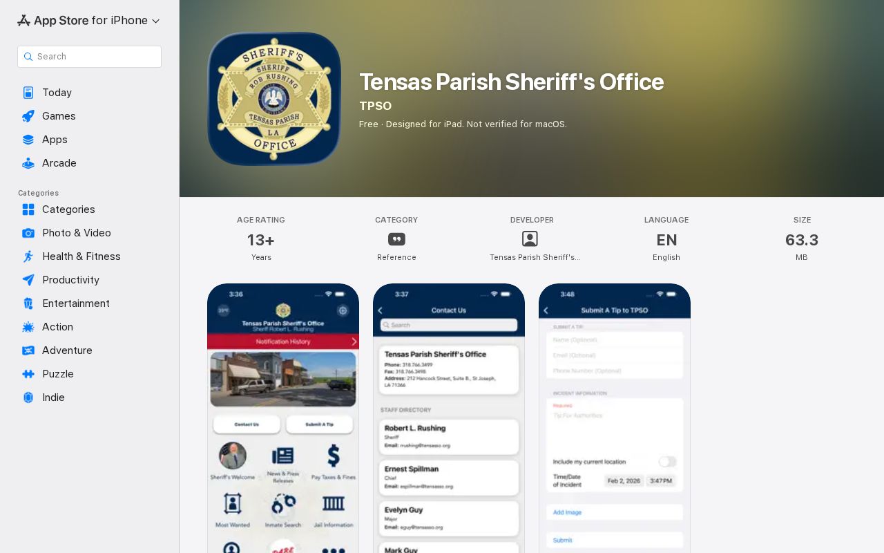 Official Tensas Parish Sheriff's Office app listing