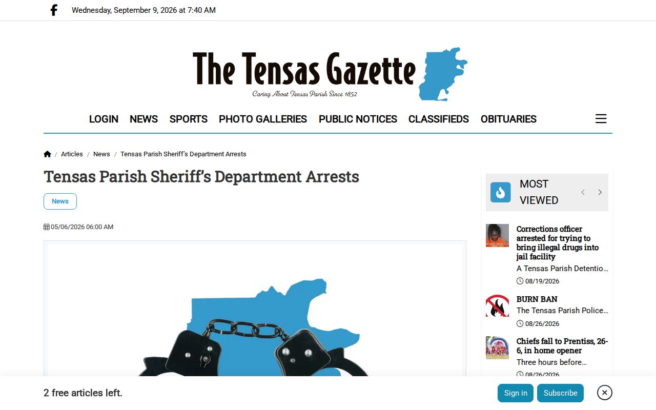 Tensas Gazette article date and April 12 through 26 arrest-report period