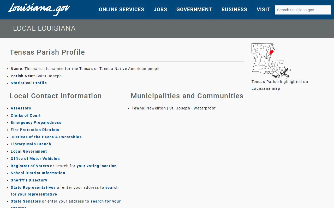 Louisiana local government page listing Waterproof among Tensas Parish towns