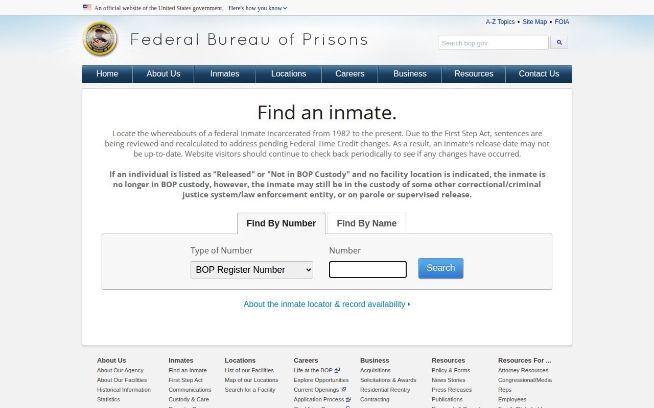 Federal Bureau of Prisons inmate locator search for federal sentenced custody