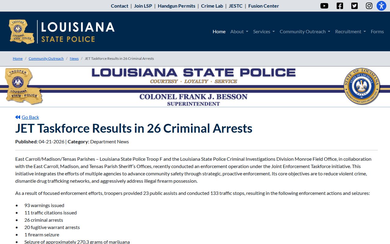 Louisiana State Police regional JET operation totals across three parishes